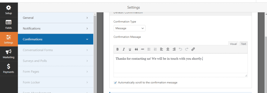 conformation setting for your contact us form