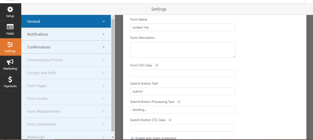 general setting for contact form