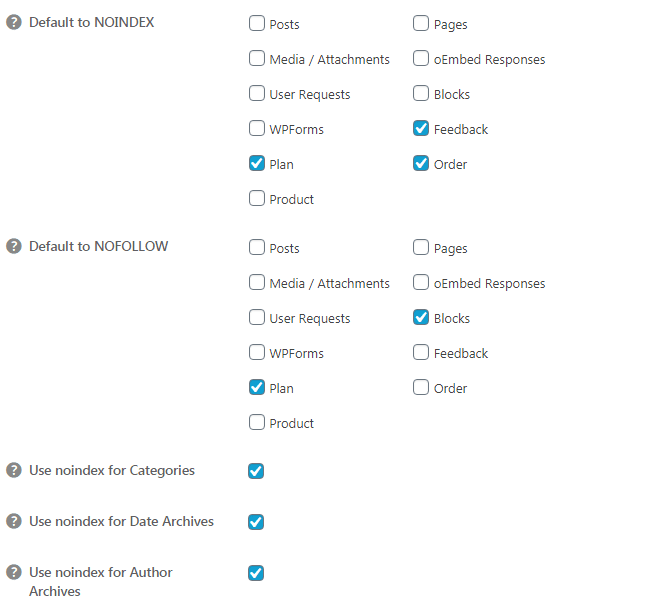 default to noindex settings