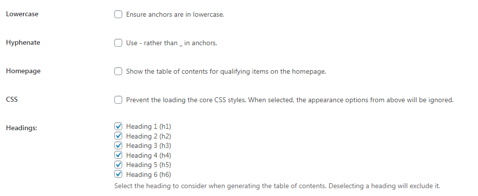 advance settings for table of content