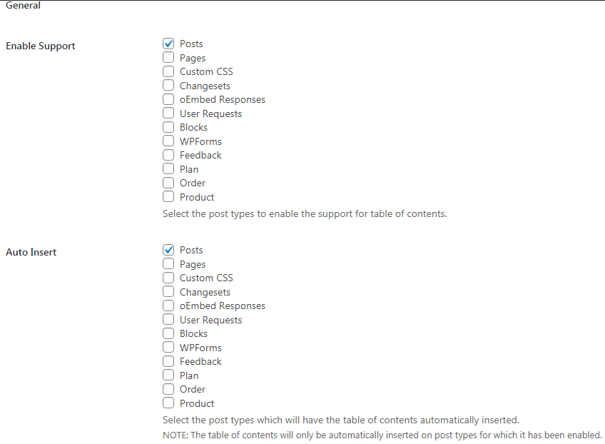 general settings for table of content