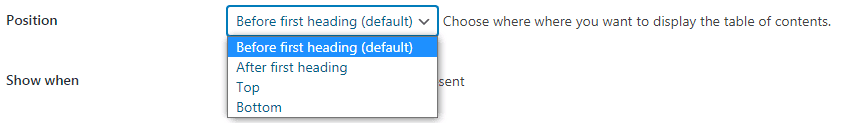 position setting for table of content